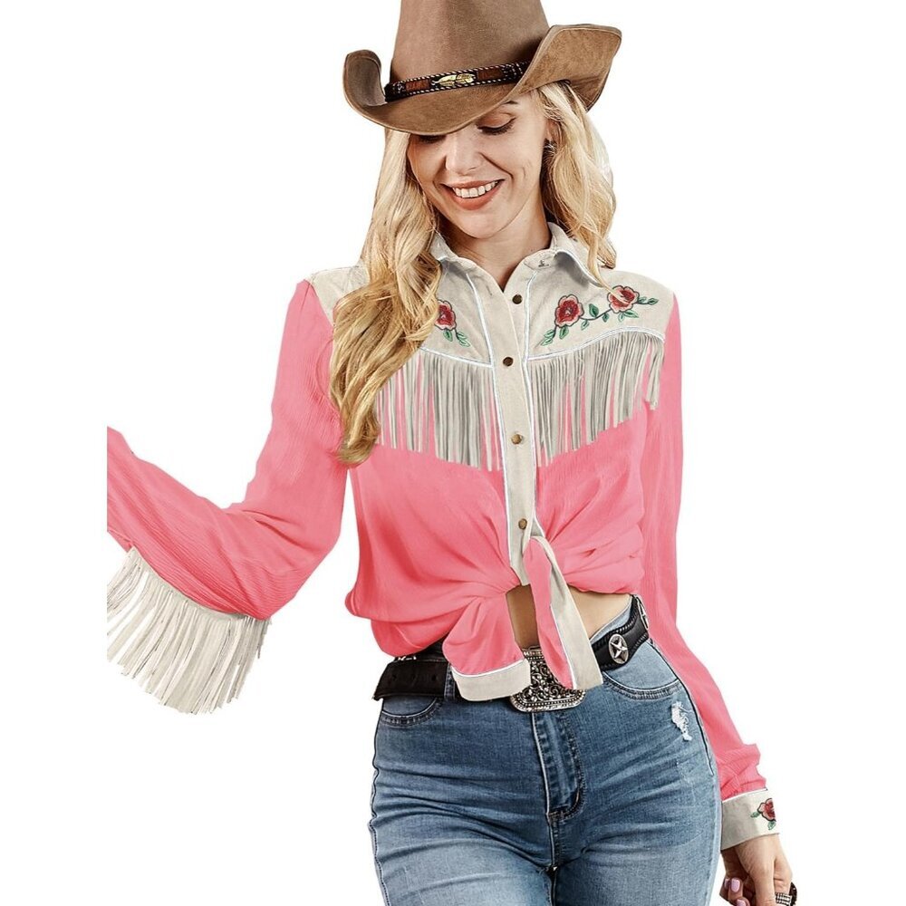 Women's Pink Fringe Long Sleeve Floral Embroidered Button Down Blouse Shirts